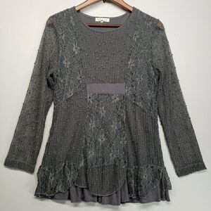 Indigo Soul Women's Small Gray Mixed Media Lace Long Sleeve Tunic Blouse